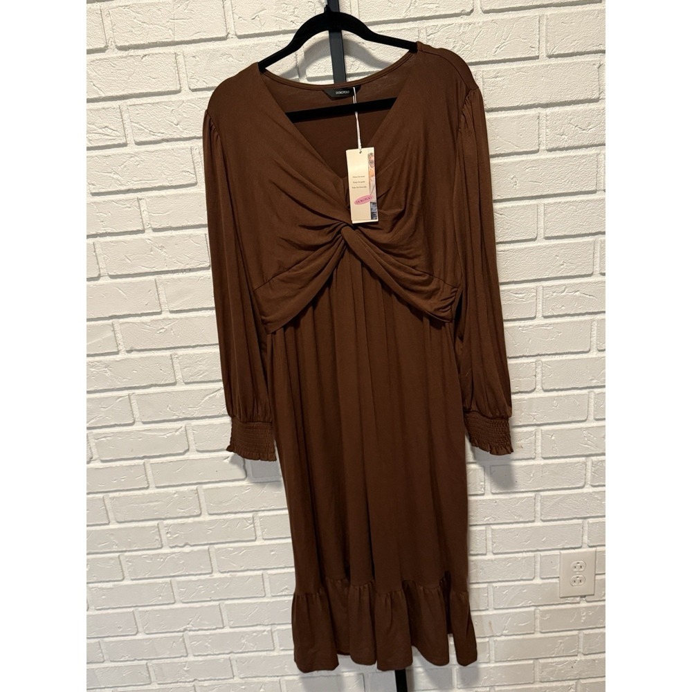 Dokotoo Brown Twist Front Midi Dress XL Long Sleeve V-Neck Smocked Cuffs‎